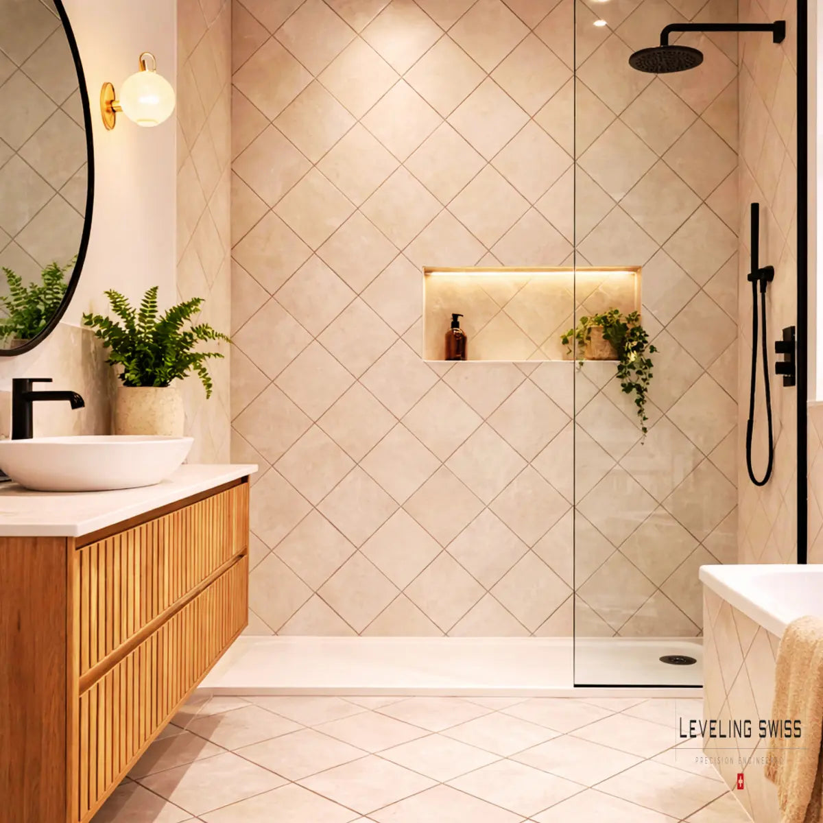 Diagonalverband mit quadratischen Boden- und Wandfliesen im modernen Badezimmer